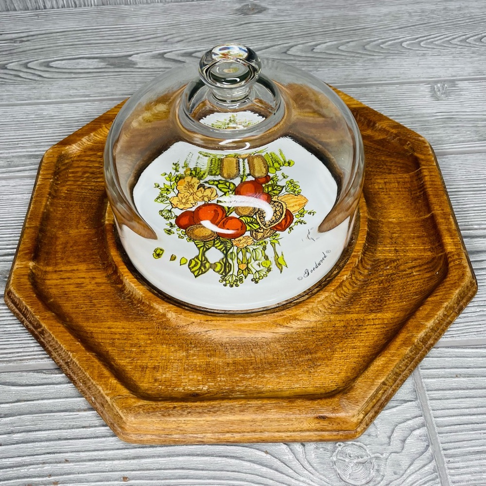 Vintage Goodwood teak / ceramic cheese & cracker tray with glass dome cloche